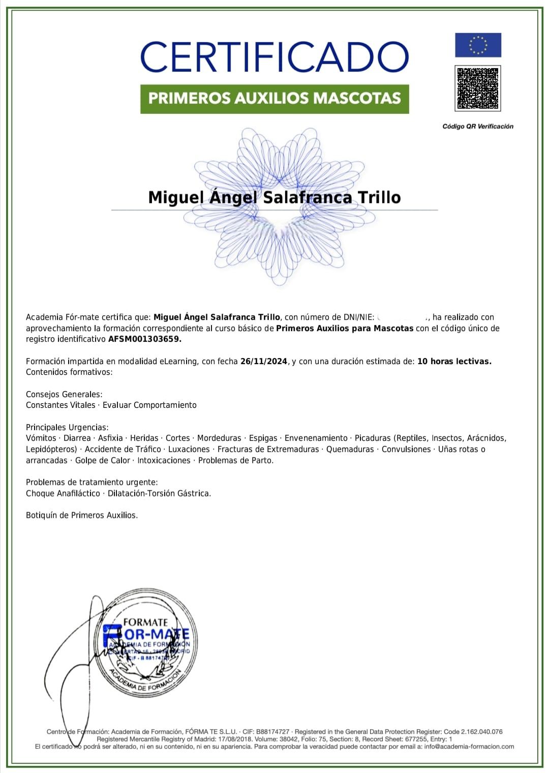 Imagen del certificado de primeros auxilios aplicados a mascotas