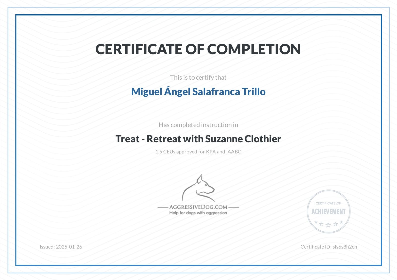 Imagen del certificado de Treat - Retreat with Suzanne Clothier