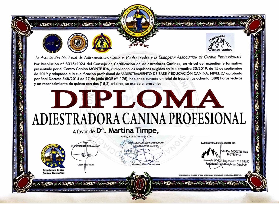 Diploma de Adiestrador canino profesional ANACP-Martina Timpe