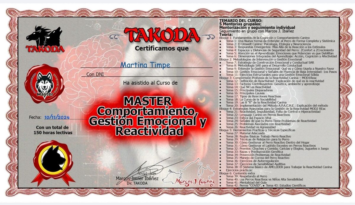 Diploma del Máster en reactividad canina-Martina Timpe